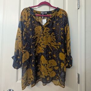 Floral Print Women's Top - Mustard and Blue by Olivia Moon